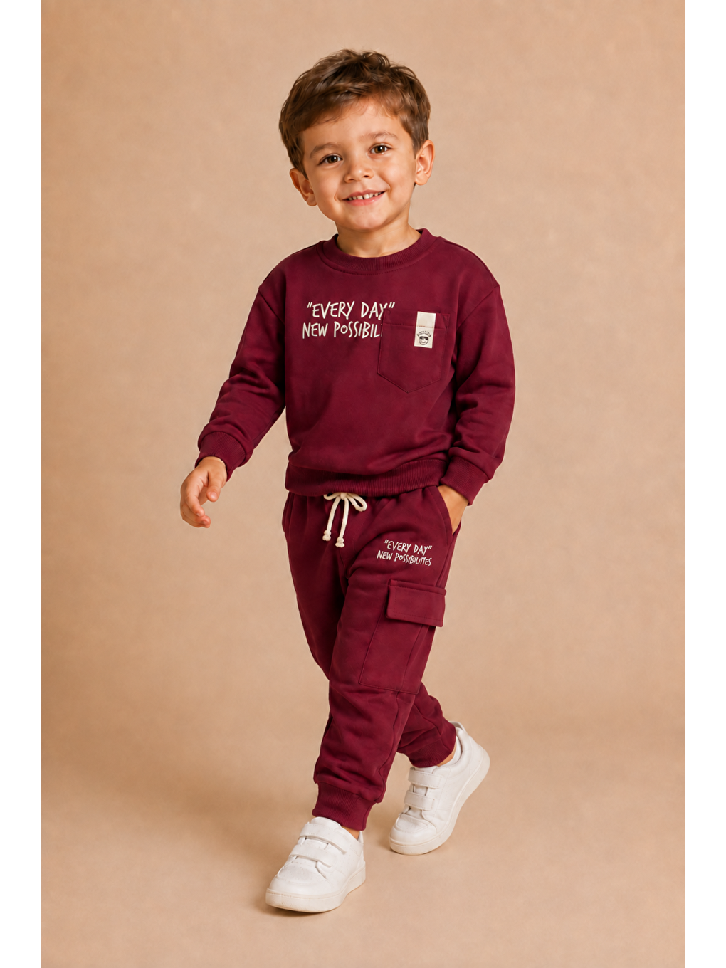 Bordo Erkek Çocuk Pamuklu Baskılı 2’li Takım Sweatshirt Eşofman Altı 1-4 Yaş Ak122-3