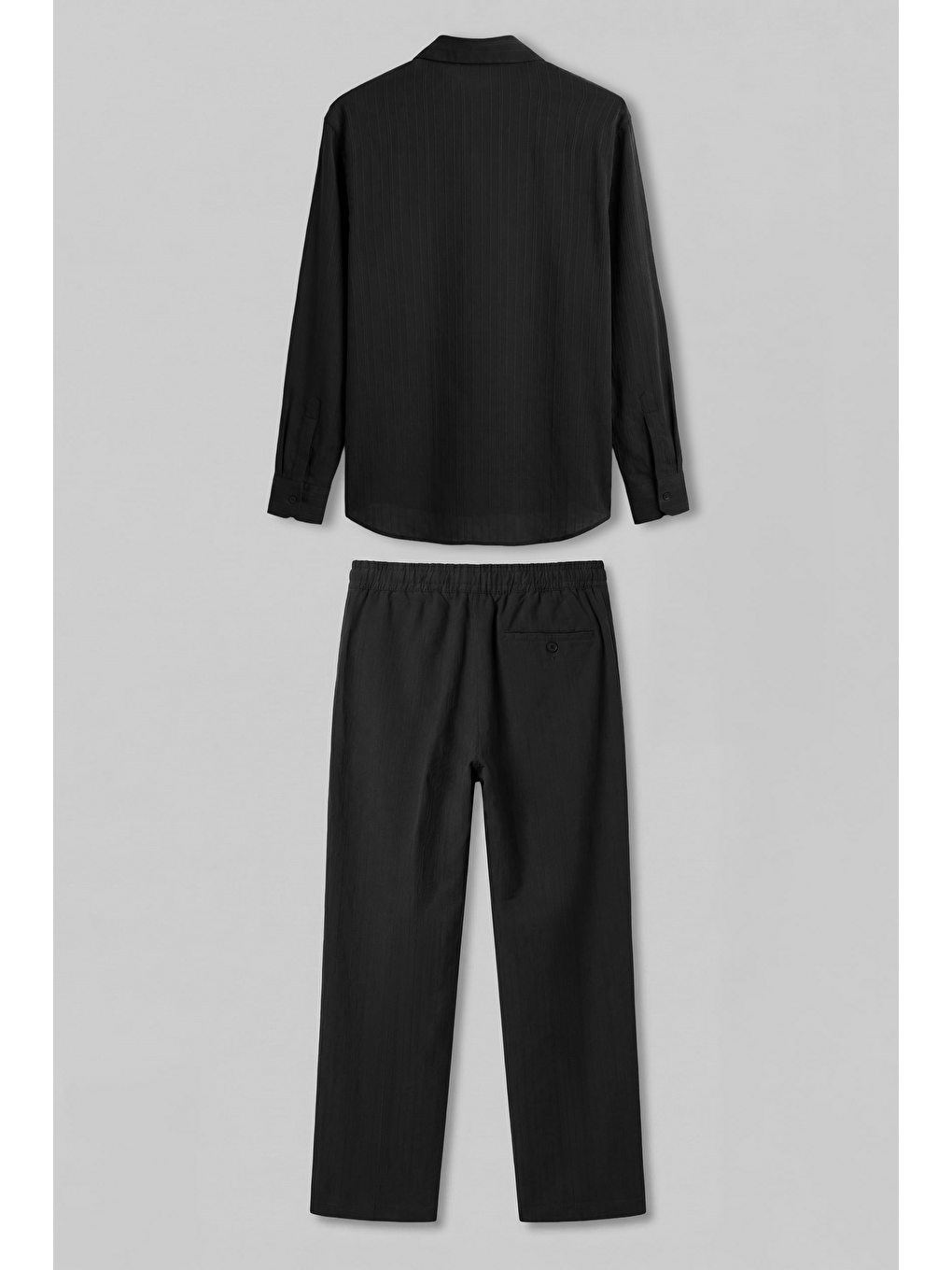 Erkek Baggy Çizgili %100 Pamuk Gömlek Pantolon İkili Takım Siyah-1