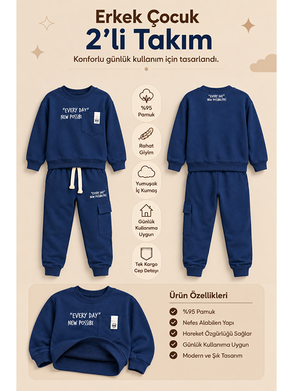 Lacivert Erkek Çocuk Pamuklu Baskılı 2’li Takım Sweatshirt Eşofman Altı 1-4 Yaş Ak122-1