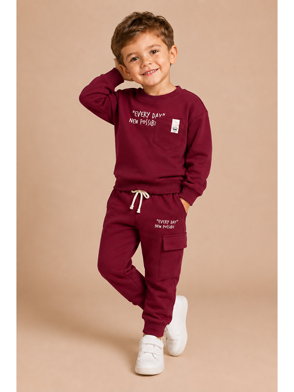 Bordo Erkek Çocuk Pamuklu Baskılı 2’li Takım Sweatshirt Eşofman Altı 1-4 Yaş Ak122-4