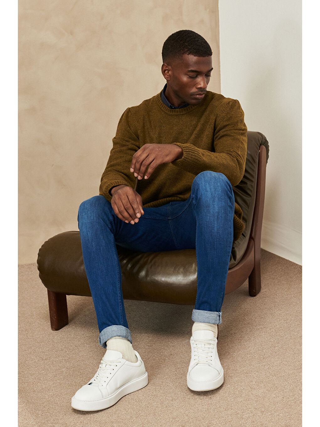 Erkek Haki Standart Fit Normal Kesim Bisiklet Yaka Triko Kazak-3