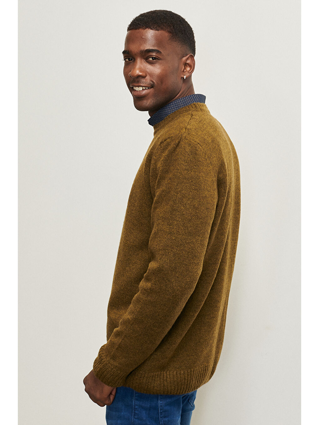 Erkek Haki Standart Fit Normal Kesim Bisiklet Yaka Triko Kazak-4