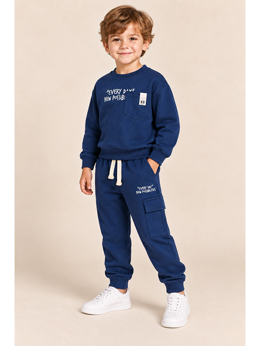 Lacivert Erkek Çocuk Pamuklu Baskılı 2’li Takım Sweatshirt Eşofman Altı 1-4 Yaş Ak122-3