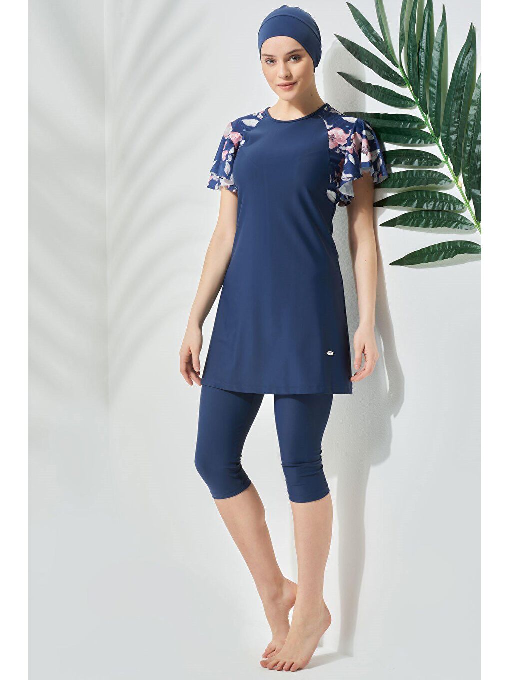 Kısa Kol Taytlı Yarım Kapalı Tesettür Mayo C13090 Lacivert
