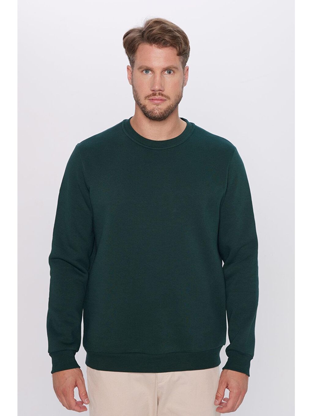 Unisex Oversize Geniş Kesim Pamuklu Yumuşak Dokulu İçi Polarlı Basic Yeşil Bisiklet Yaka Sweatshirt-1