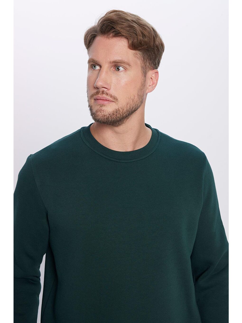 Unisex Oversize Geniş Kesim Pamuklu Yumuşak Dokulu İçi Polarlı Basic Yeşil Bisiklet Yaka Sweatshirt-2