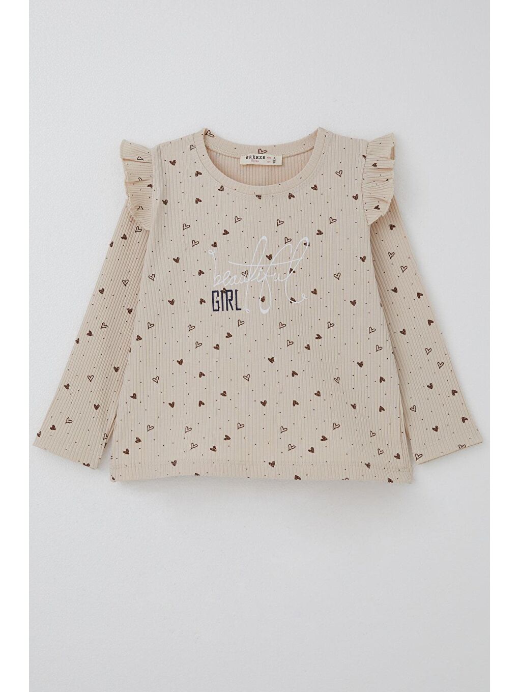 Kız Çocuk Uzun Kollu Tişört Kalp Desenli Yazı Baskılı Bej (2-6 Yaş)