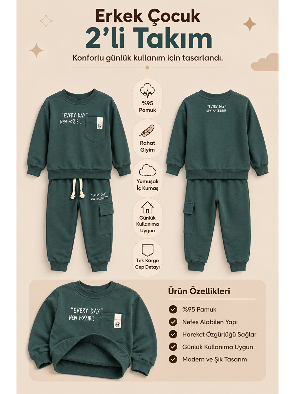 Yeşil Erkek Çocuk Pamuklu Baskılı 2’li Takım Sweatshirt Eşofman Altı 1-4 Yaş Ak122-1