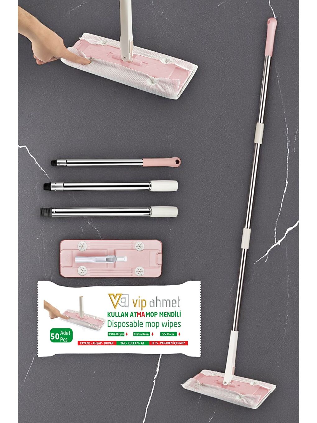 Pembe VP-519 Kullan At Mop Temizlik Seti+50 Adet Mendil