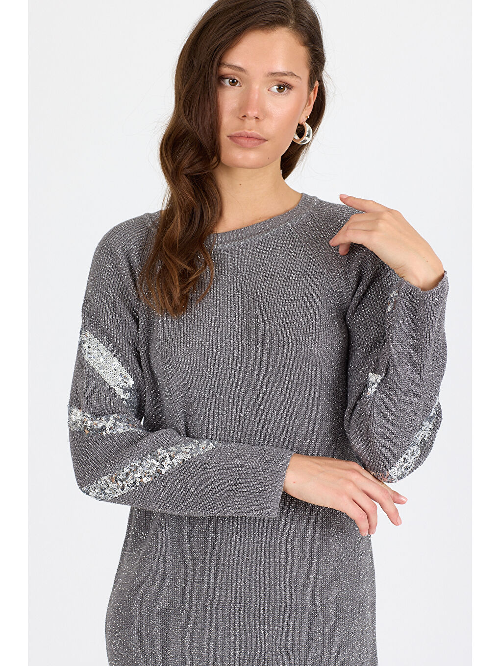 Gri Kadın Bisiklet Yaka Sim Garnili Pul İşlemeli Eibise 3143 (Standart Beden s-m-l-xl Beden Uyumludur)-4