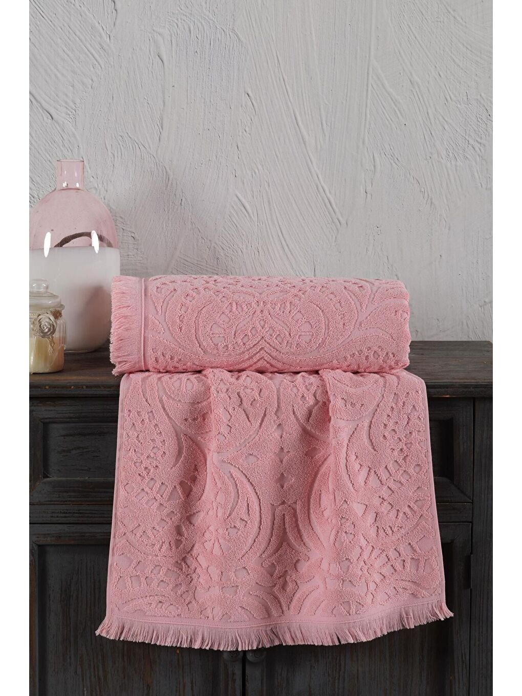 Pembe Jacquard %100 Pamuk El Havlusu 50x90 cm Pudra