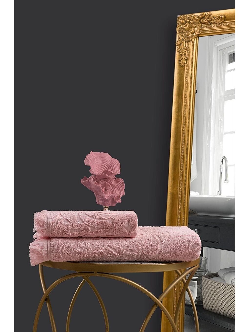 Pembe Jacquard %100 Pamuk El Havlusu 50x90 cm Pudra-1