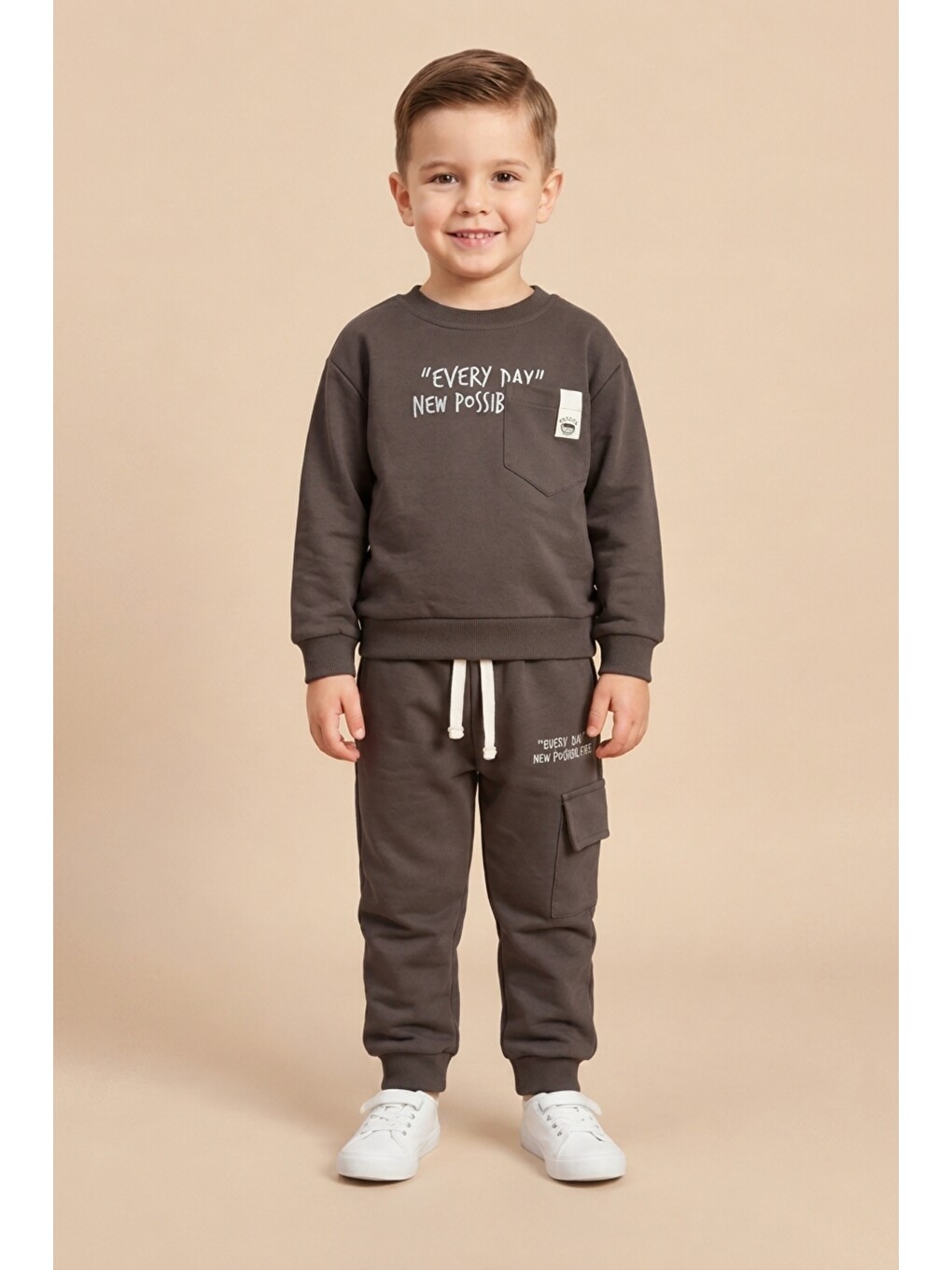 Kahverengi Erkek Çocuk Pamuklu Baskılı 2’li Takım Sweatshirt Eşofman Altı 1-4 Yaş Ak122