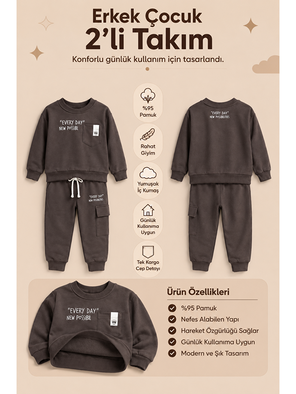 Kahverengi Erkek Çocuk Pamuklu Baskılı 2’li Takım Sweatshirt Eşofman Altı 1-4 Yaş Ak122-1
