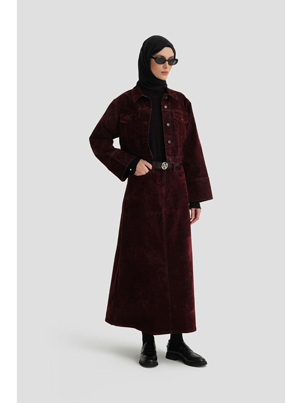 Flok Baskılı Denim Takım 24Kd3401 Bordo