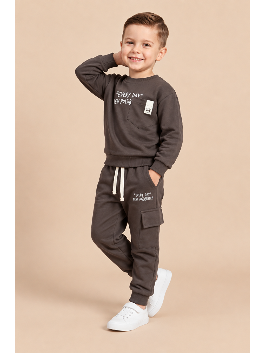 Kahverengi Erkek Çocuk Pamuklu Baskılı 2’li Takım Sweatshirt Eşofman Altı 1-4 Yaş Ak122-3