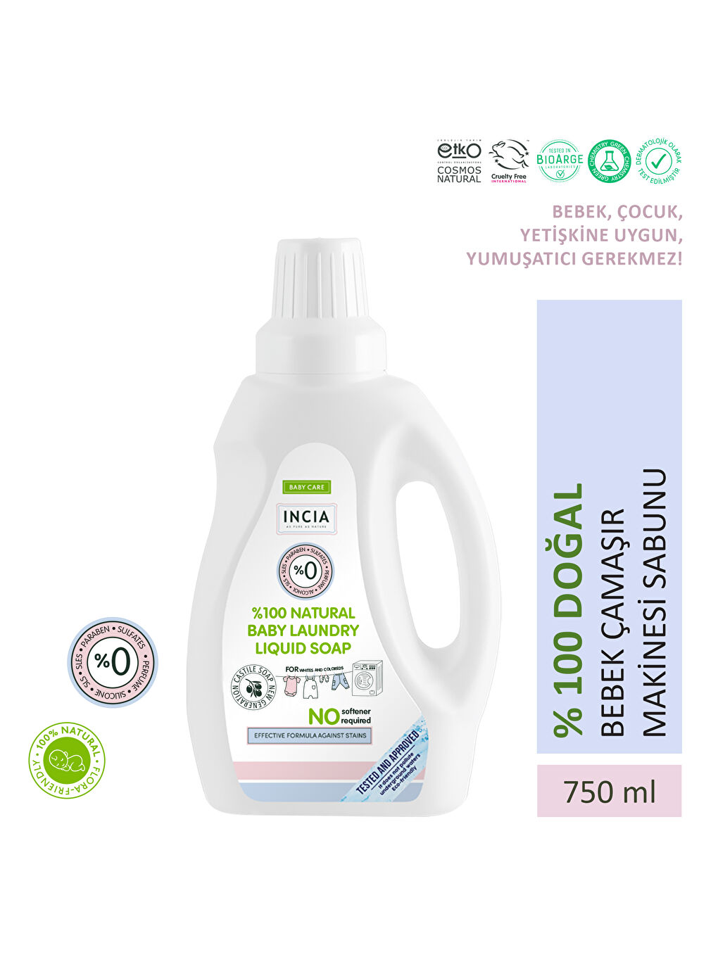 INCIA %100 Doğal Bebek Çamaşır Sabunu Bitkisel Deterjan Kendinden Yumuşatıcılı Lavanta 750 ml