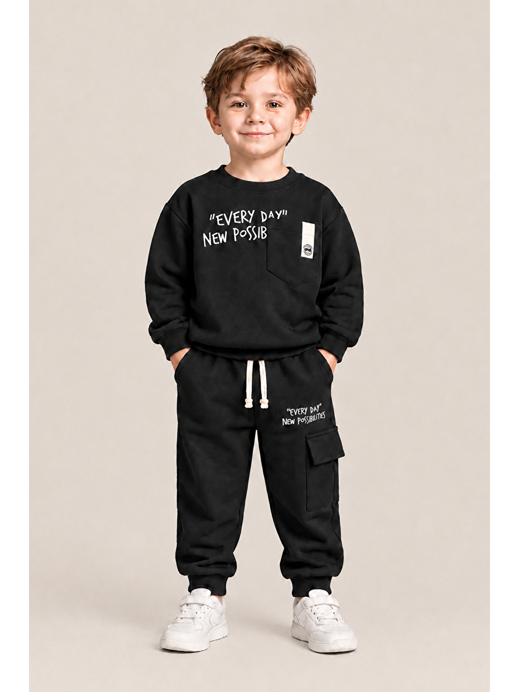 Siyah Erkek Çocuk Pamuklu Baskılı 2’li Takım Sweatshirt Eşofman Altı 1-4 Yaş Ak122