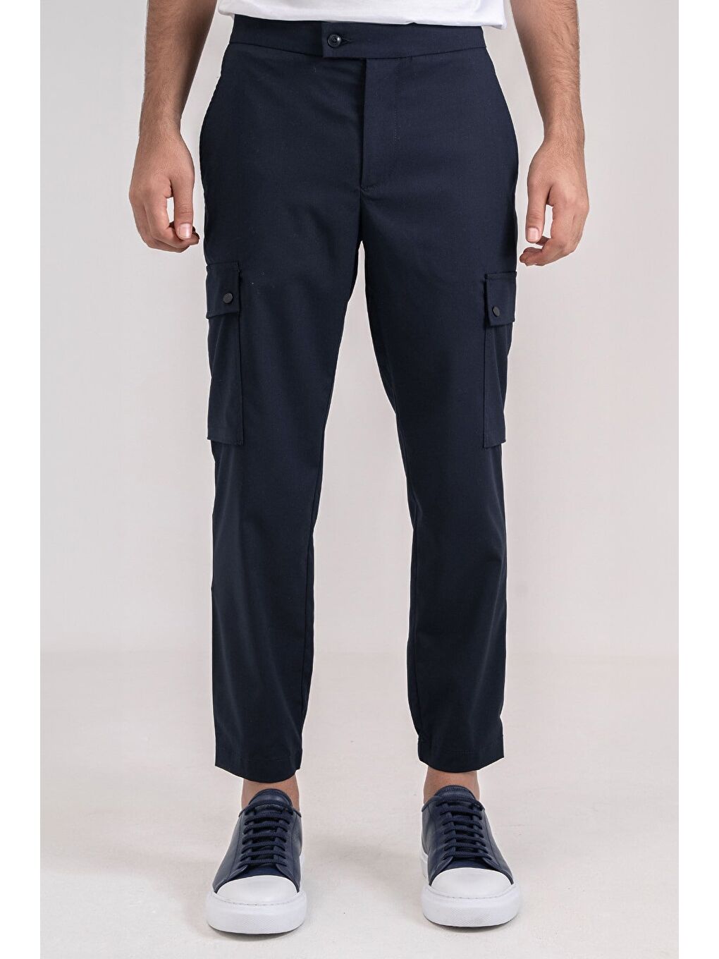 Giotelli Erkek Lacivert Dar Kesim Slim Fit Viskon Dokuma Kargo Cep Normal Bel Pantolon