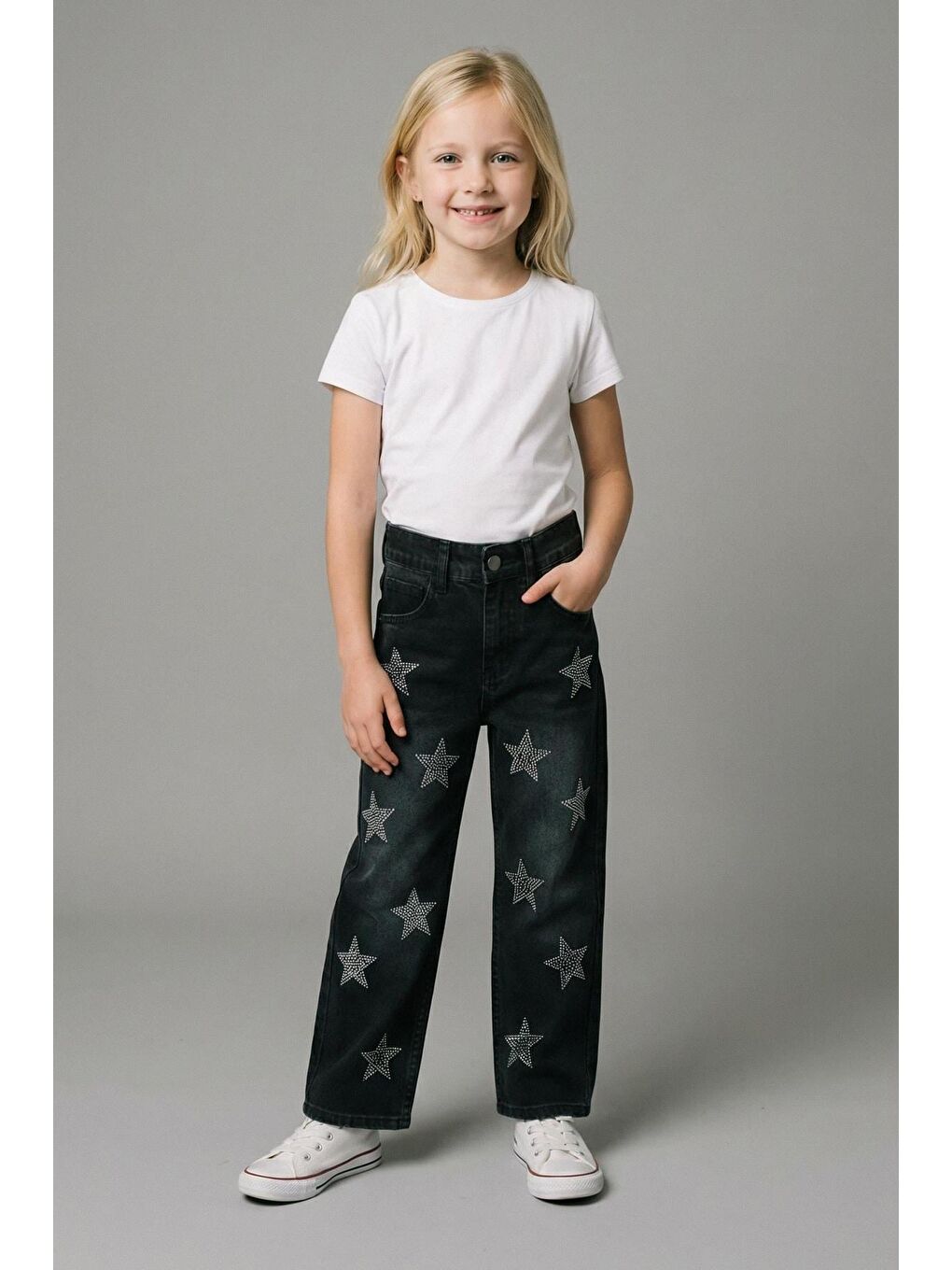 Kız Çocuk Siyah Yıldız Desenli Jean Pantolon