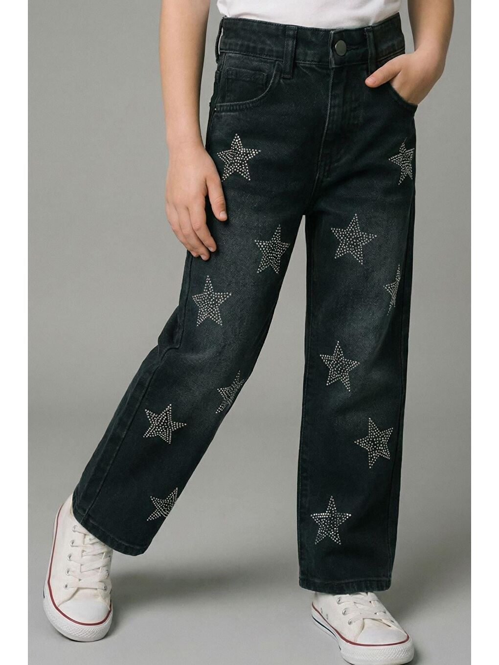 Kız Çocuk Siyah Yıldız Desenli Jean Pantolon-1
