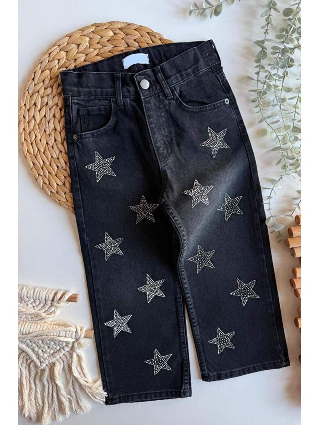 Kız Çocuk Siyah Yıldız Desenli Jean Pantolon-3