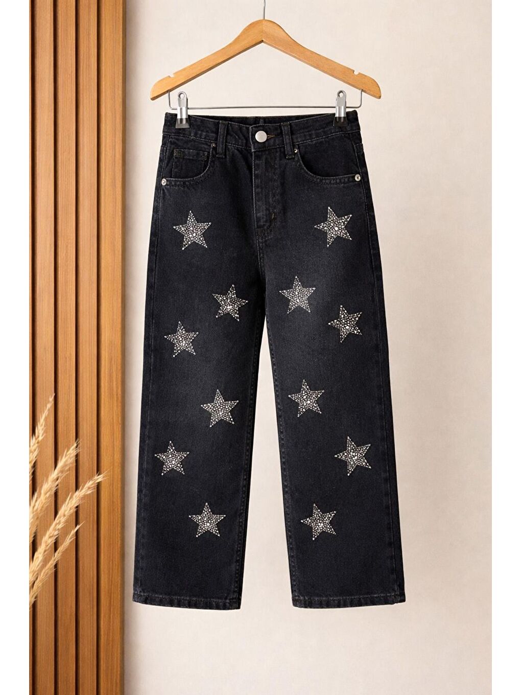 Kız Çocuk Siyah Yıldız Desenli Jean Pantolon-4