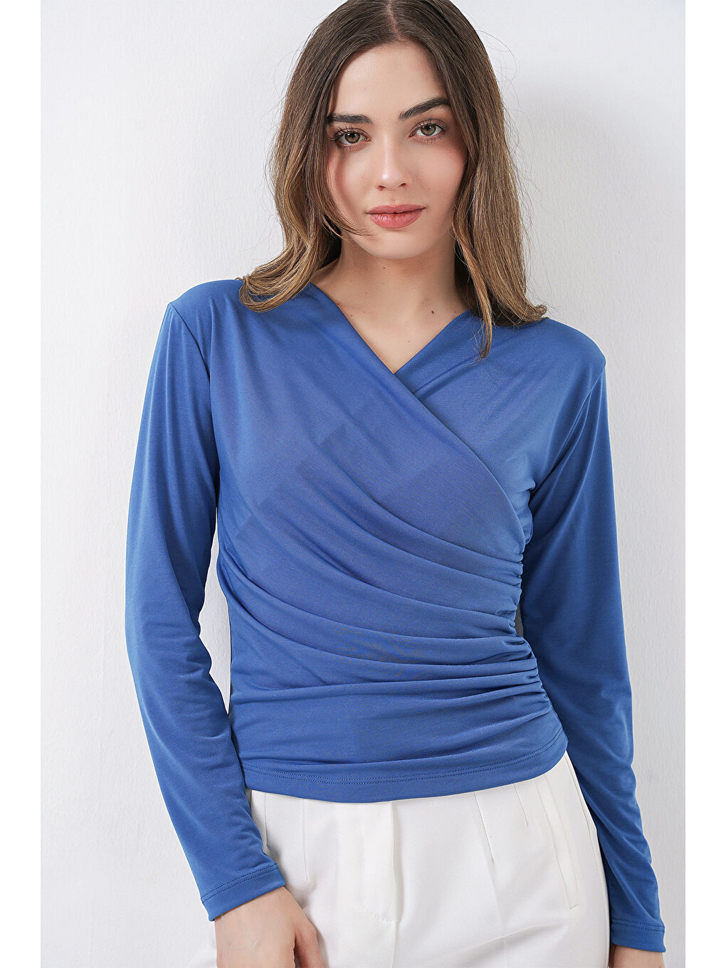 939 Anvelop Yaka Sandy Bluz - İndigo-3