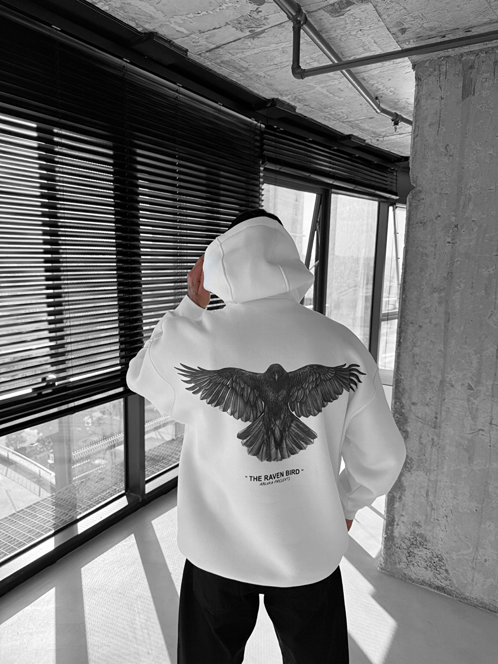 ablukaonline Erkek Oversize Raven Baskılı Premium Kapüşonlu Sweatshirt Ekru - 1