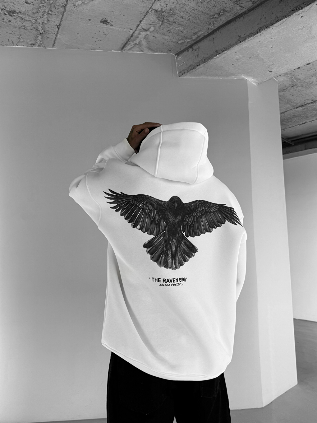 ablukaonline Erkek Oversize Raven Baskılı Premium Kapüşonlu Sweatshirt Ekru - 2