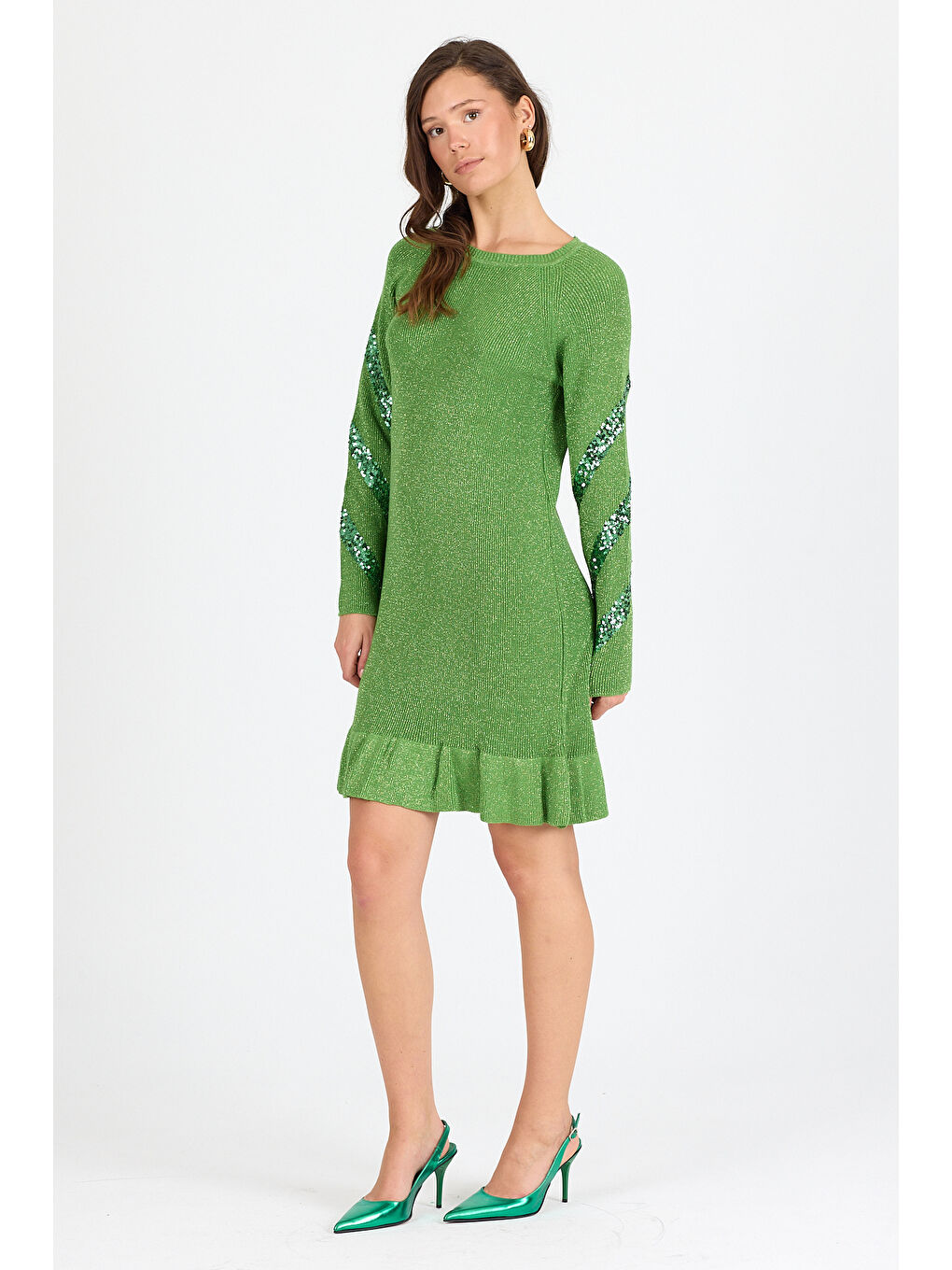 Yeşil Kadın Bisiklet Yaka Sim Garnili Pul İşlemeli Eibise 3143 (Standart Beden s-m-l-xl Beden Uyumludur)