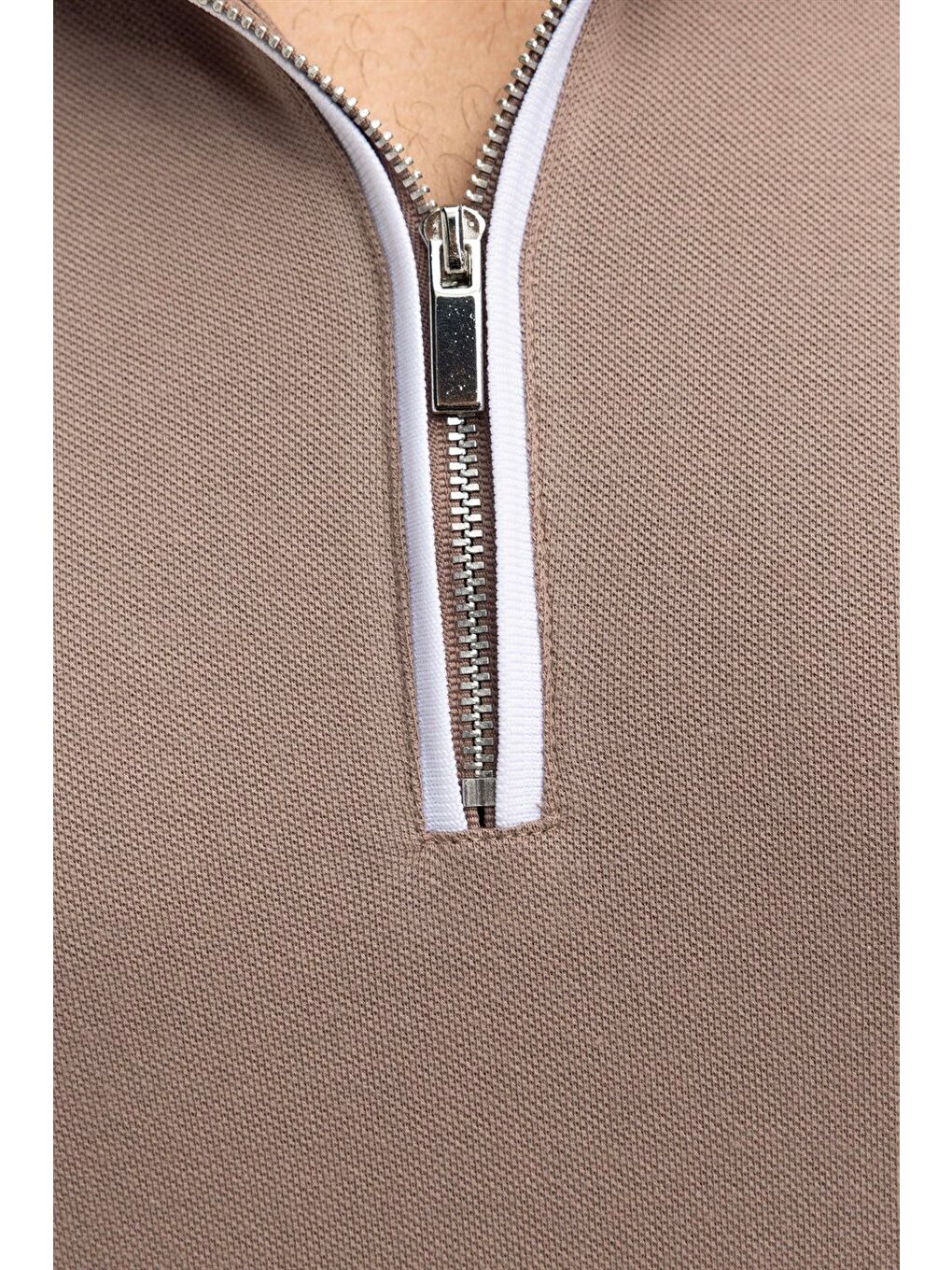 Erkek Slim Fit Dar Kesim %100 Pamuk Düz Pike Fermuarlı Kahverengi Polo Yaka Tişört-2