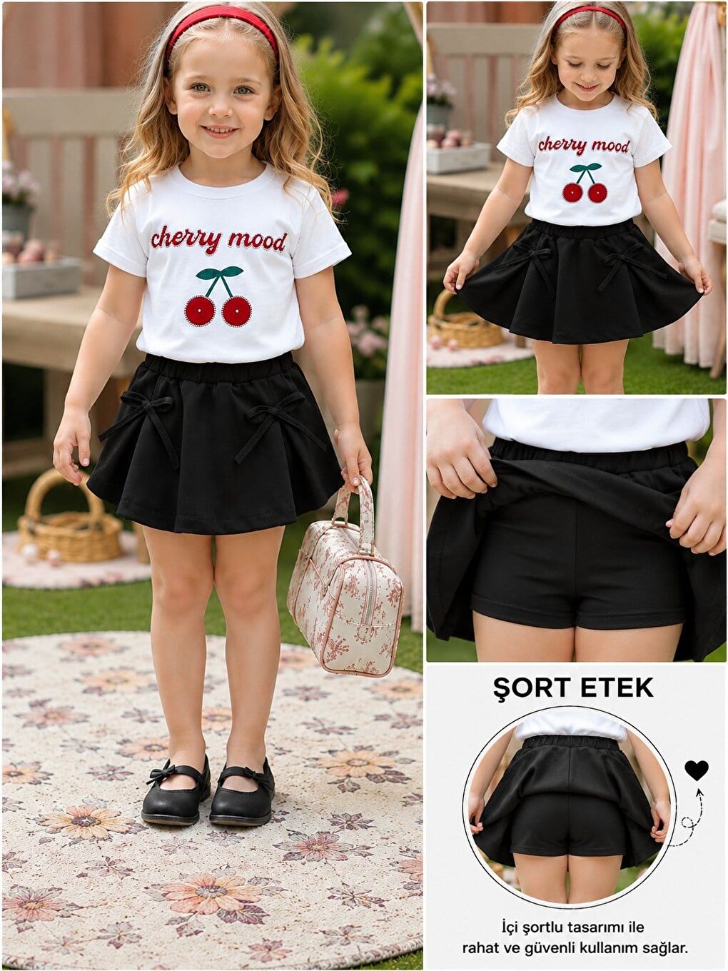 Kız Çocuk Şort Etek Takım Cherry Mood Taş İşlemeli Kiraz Baskılı Beyaz Tshirt Siyah Etek-1