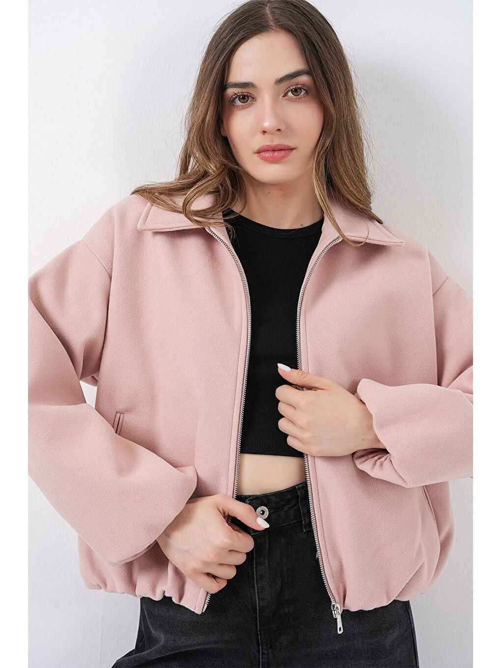 Pembe Kadın Büzgülü Oversize Kaşe Ceket 0728 - Pudra