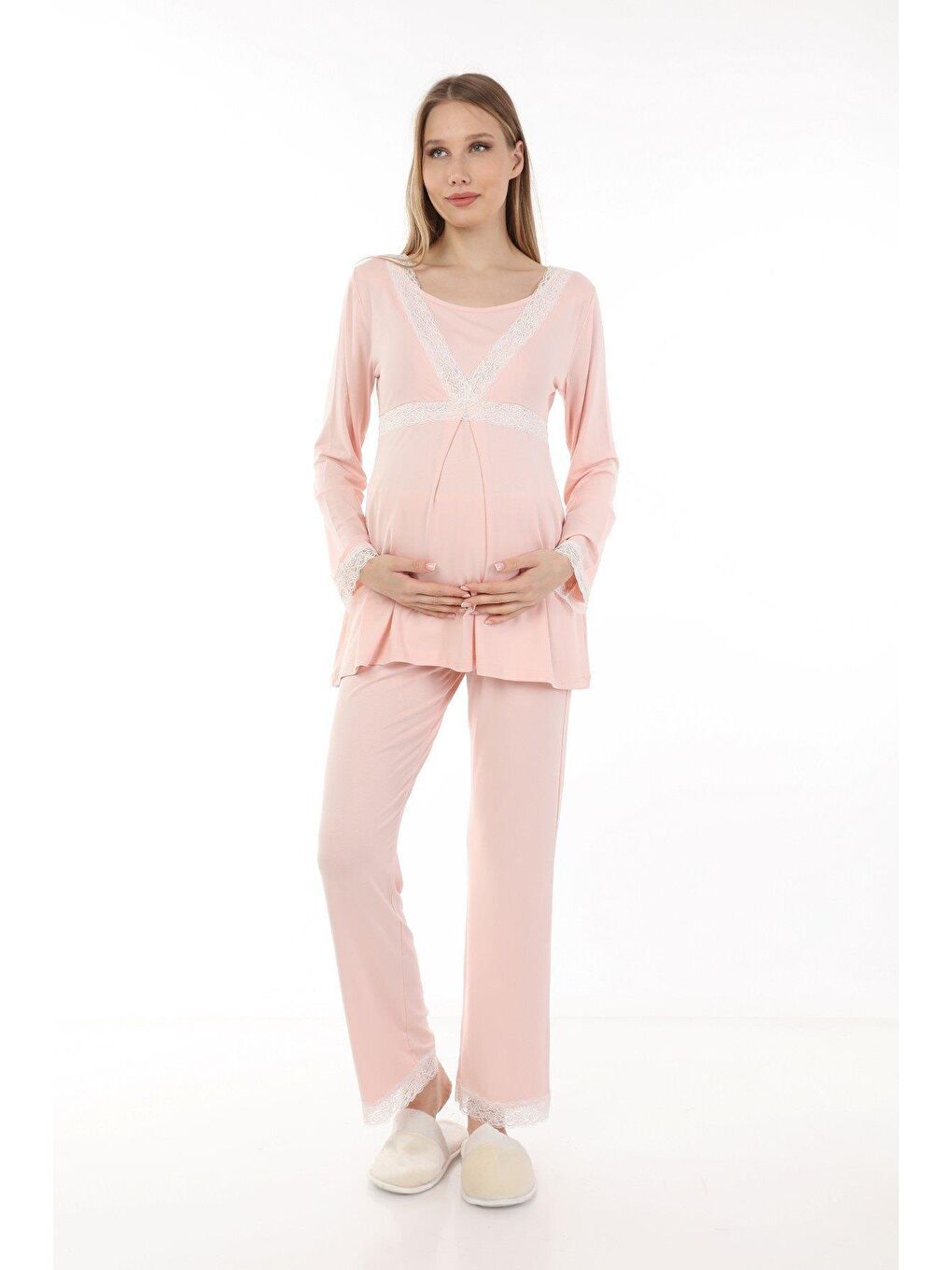 Luvmabelly Pembe Kadın Dantelli Emzirme Hamile Pijama Takımı