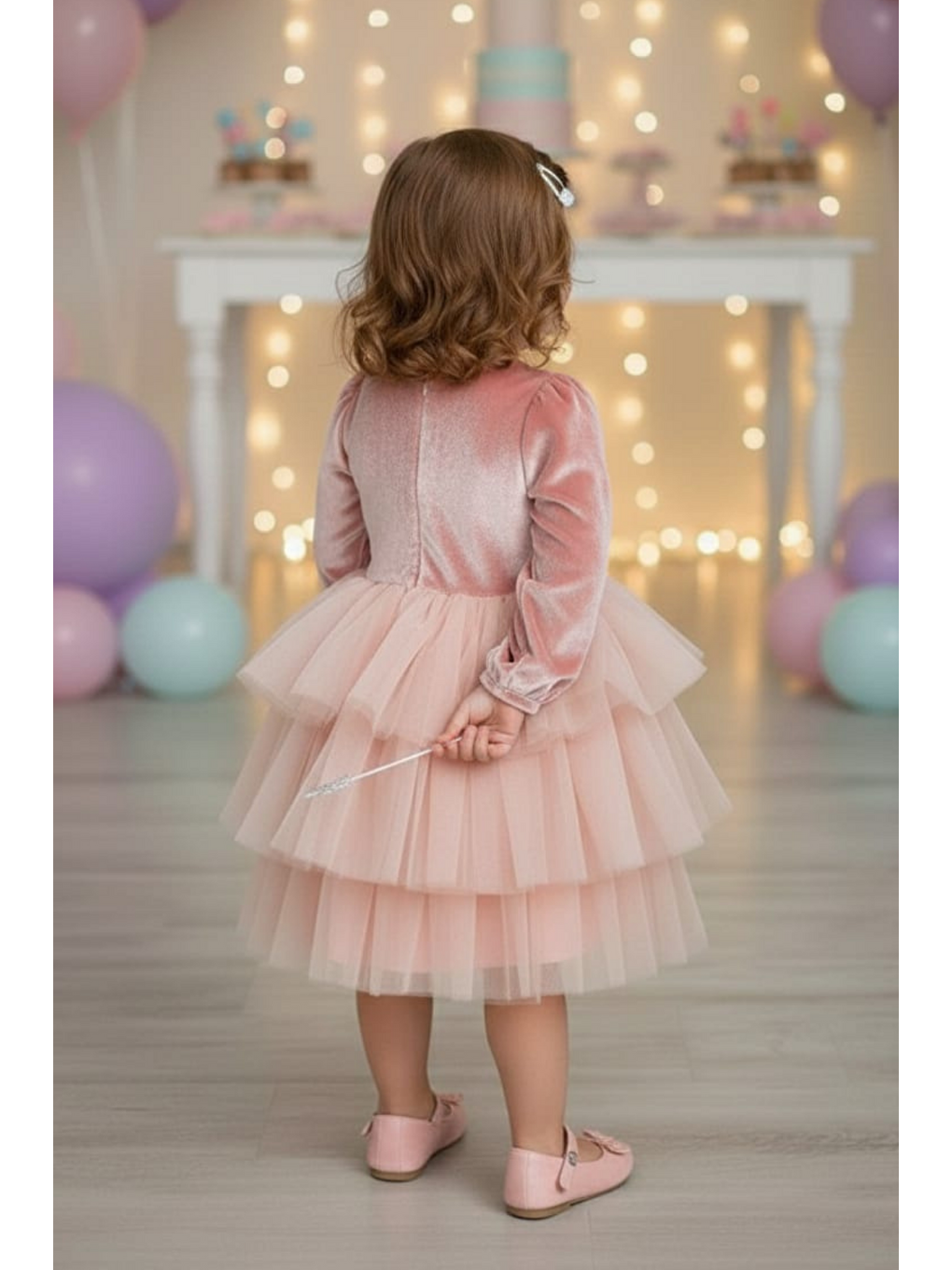Pembe Kat Etekli Uzun Kollu Kadife Kız Çocuk Kız Bebek Elbise-2