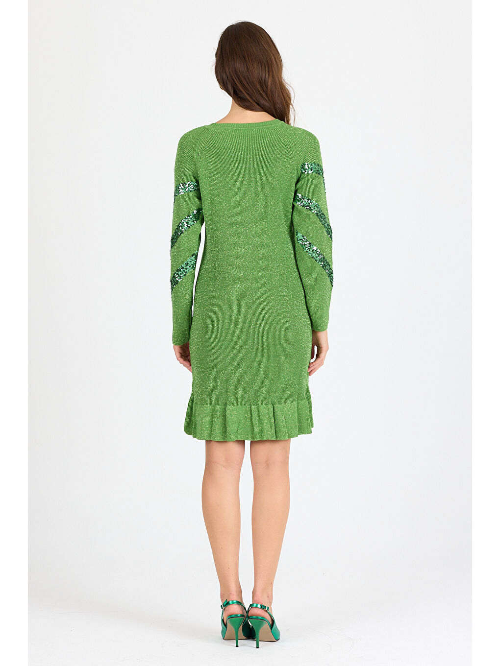 Yeşil Kadın Bisiklet Yaka Sim Garnili Pul İşlemeli Eibise 3143 (Standart Beden s-m-l-xl Beden Uyumludur)-1