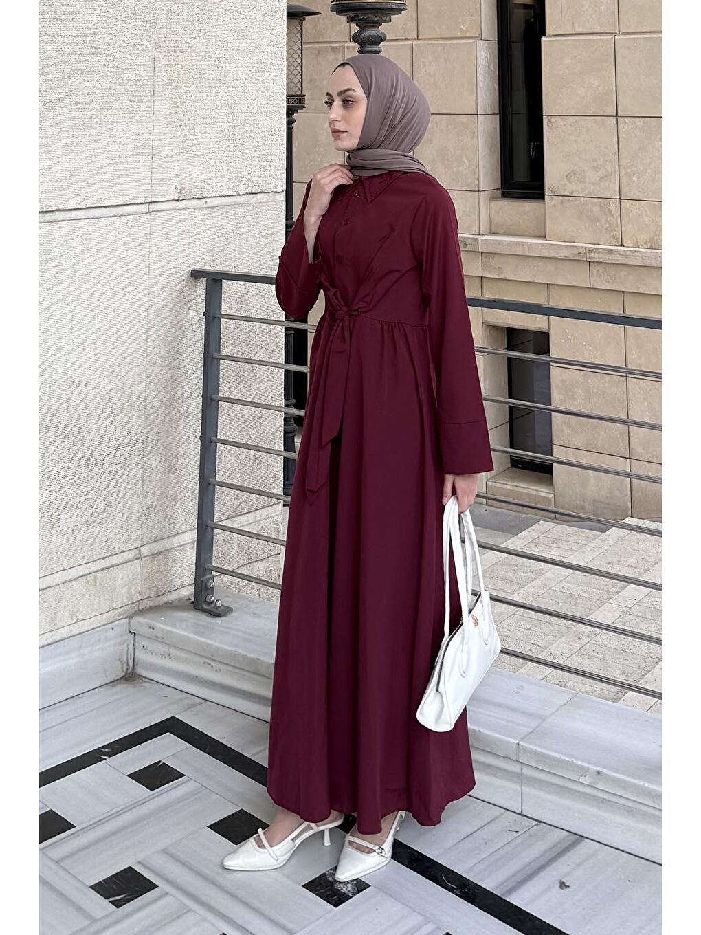 Ön Bağlama Detaylı Tesettür Elbise Bordo-1