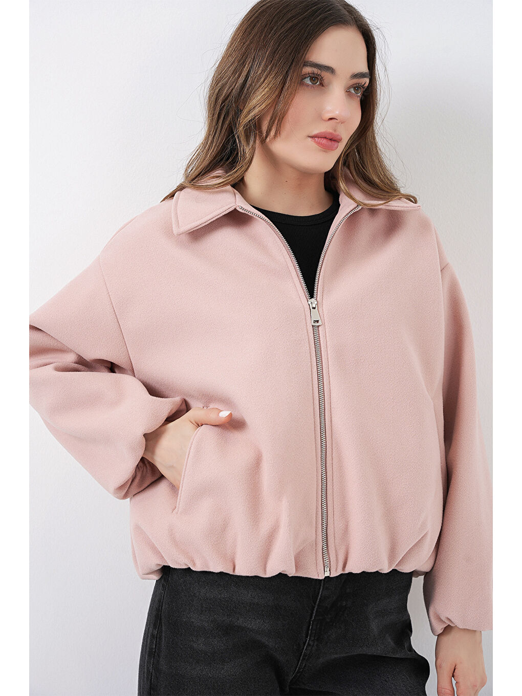 Pembe Kadın Büzgülü Oversize Kaşe Ceket 0728 - Pudra-2