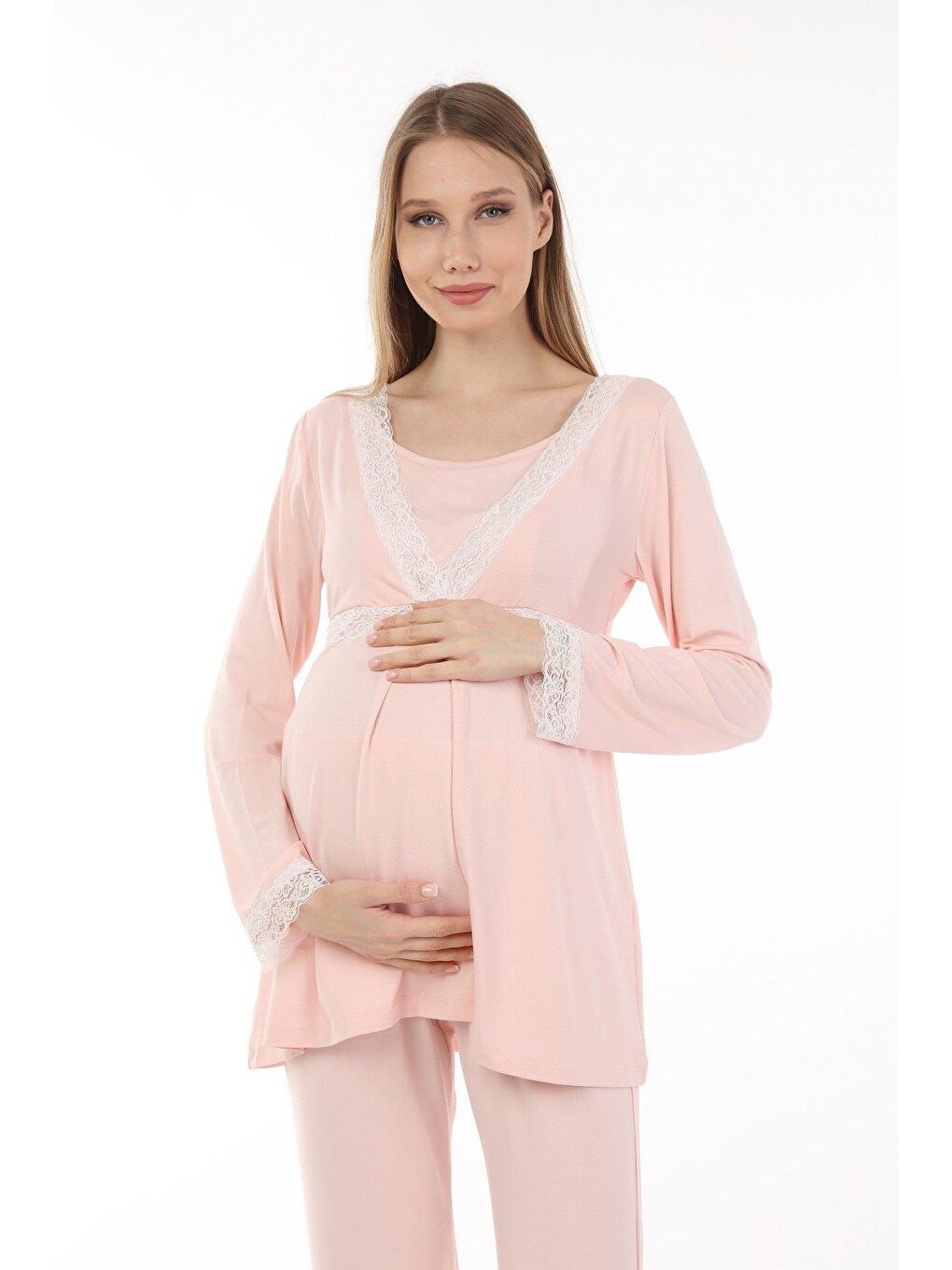 Luvmabelly Pembe Kadın Dantelli Emzirme Hamile Pijama Takımı - 3