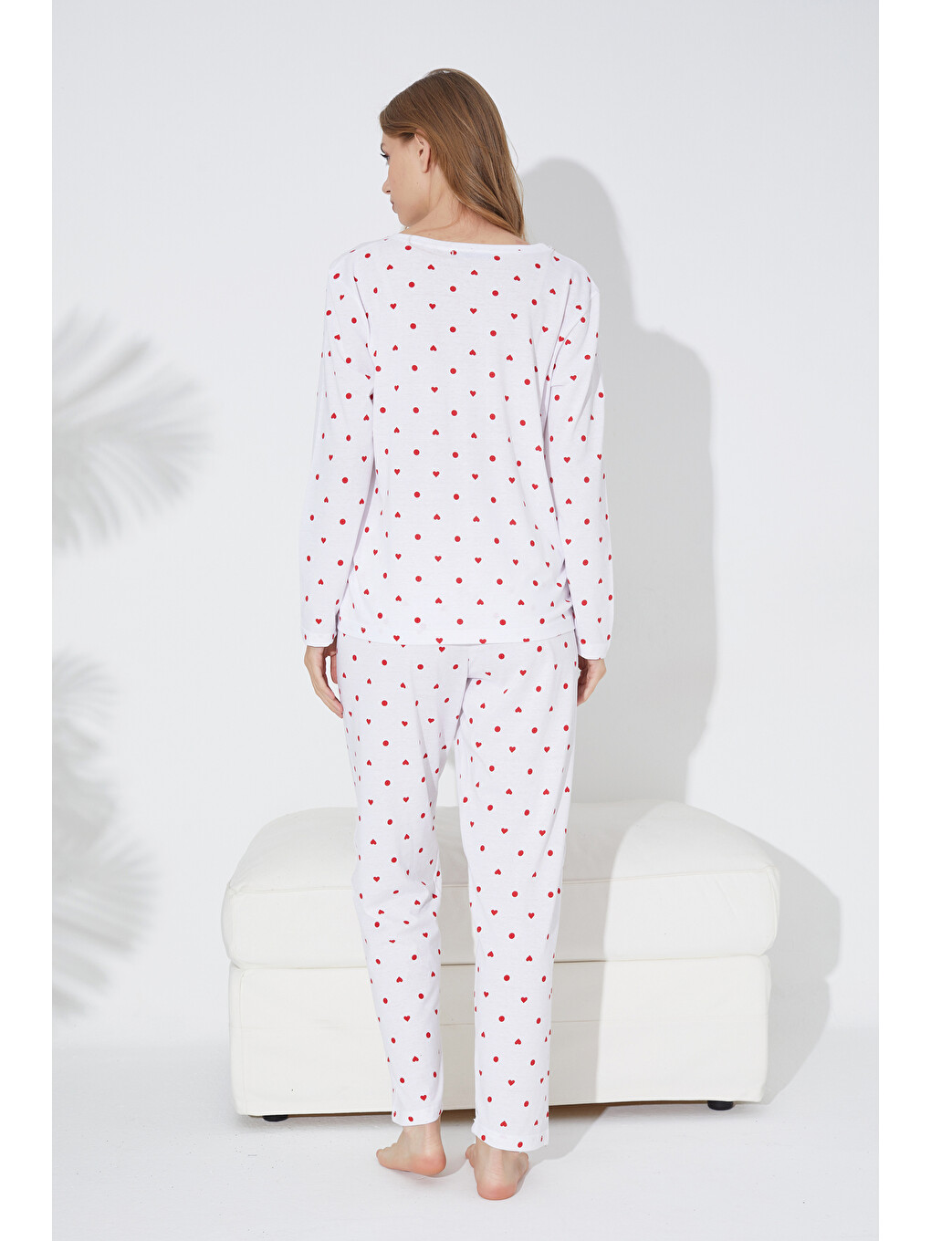 Beyaz Kırmızı Kalp Ve Puan Desenli Örme Pijama Takım 7792-2