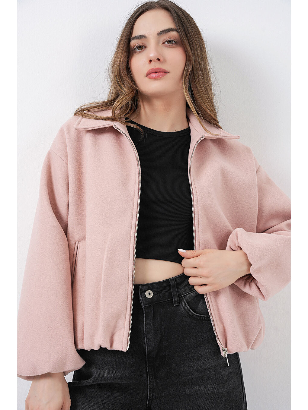 Pembe Kadın Büzgülü Oversize Kaşe Ceket 0728 - Pudra-3
