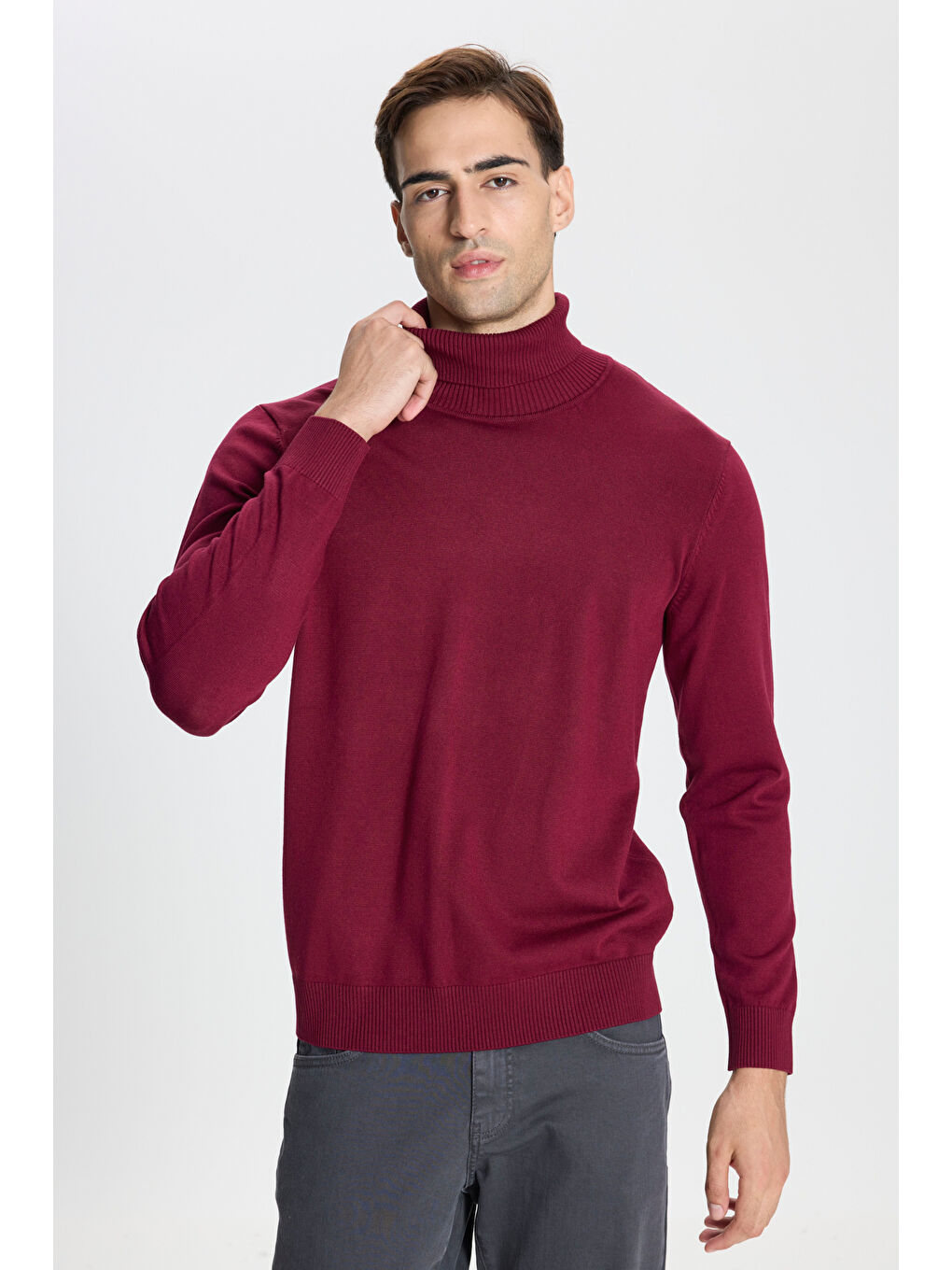 Erkek Bordo Standart Fit Normal Kesim Tam Balıkçı Yaka Triko Kazak