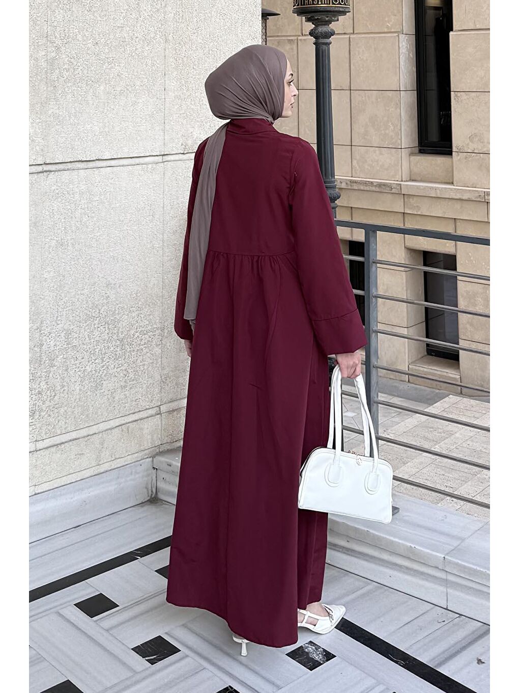 Ön Bağlama Detaylı Tesettür Elbise Bordo-3