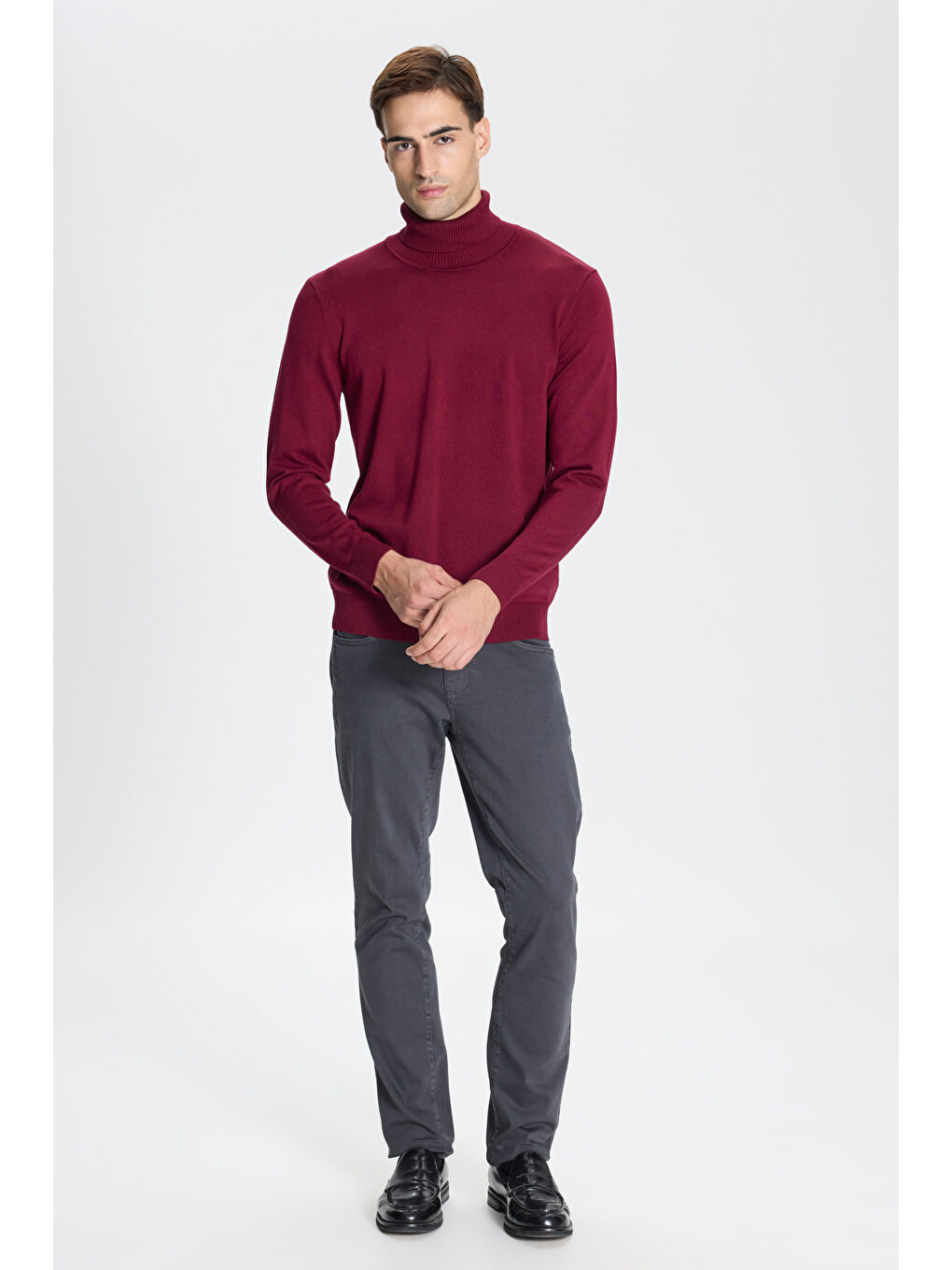 Erkek Bordo Standart Fit Normal Kesim Tam Balıkçı Yaka Triko Kazak-1