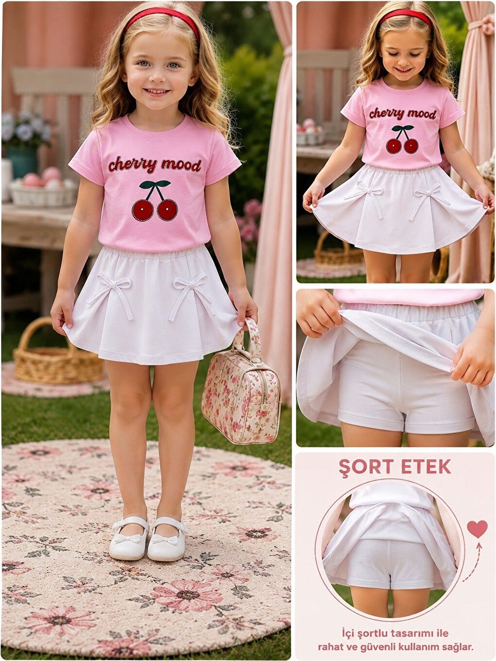 Kız Çocuk Şort Etek Takım Cherry Mood Taş İşlemeli Kiraz Baskılı Pembe Tshirt Beyaz Etek-1
