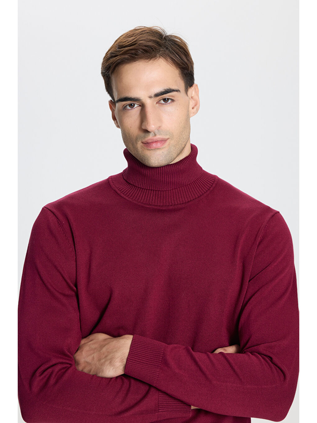 Erkek Bordo Standart Fit Normal Kesim Tam Balıkçı Yaka Triko Kazak-2