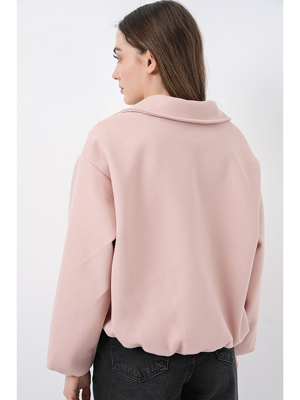 Pembe Kadın Büzgülü Oversize Kaşe Ceket 0728 - Pudra-5