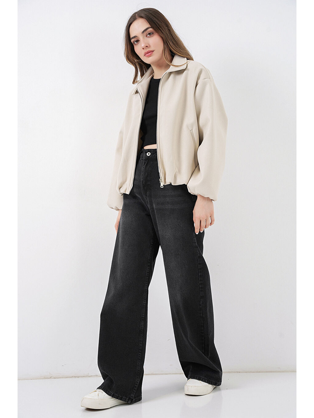 Kadın Büzgülü Oversize Kaşe Ceket 0728 - Ekru-1