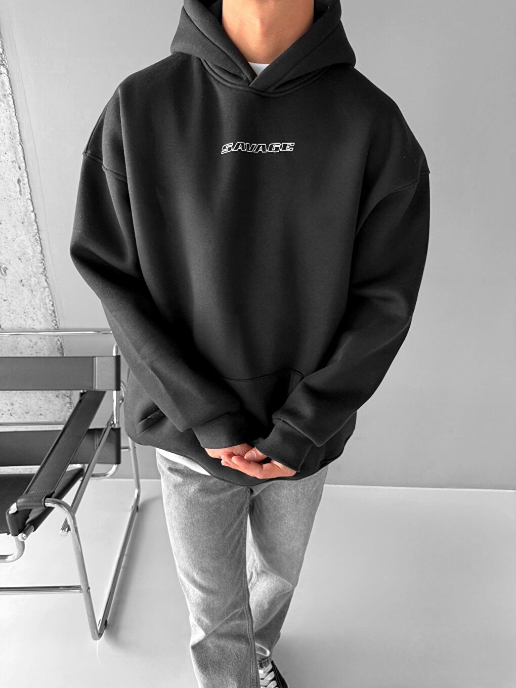 ablukaonline Erkek Oversize Savage Baskılı Premium Kapüşonlu Sweatshirt Siyah - 1